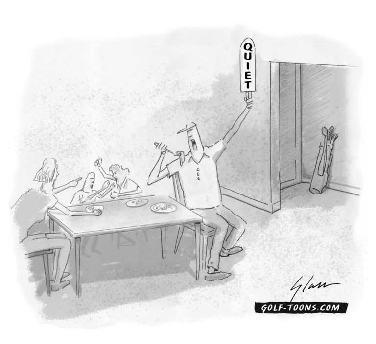 Quiet Please, a man at his dining room table with kids fighting and his wife pointing a threatening finger, holds up a 'Quiet Please' sign, an original golf cartoon by Marty Glass of GolfToons