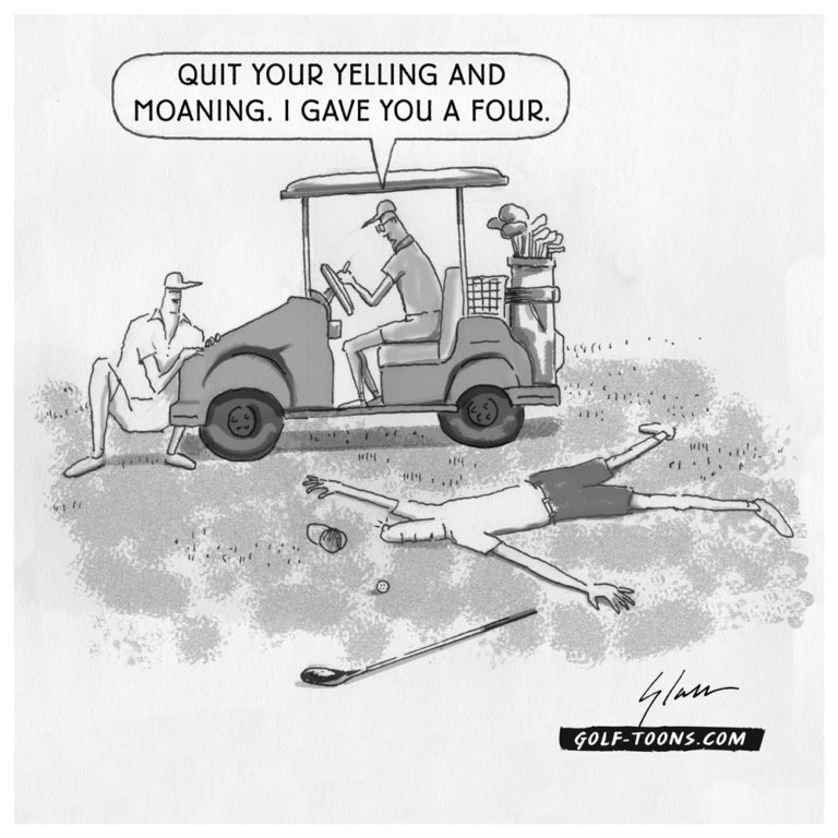 A golfer has been struck by a golf ball while his golf buddy records the scores Fore, an original Golf Cartoon by Marty Glass.