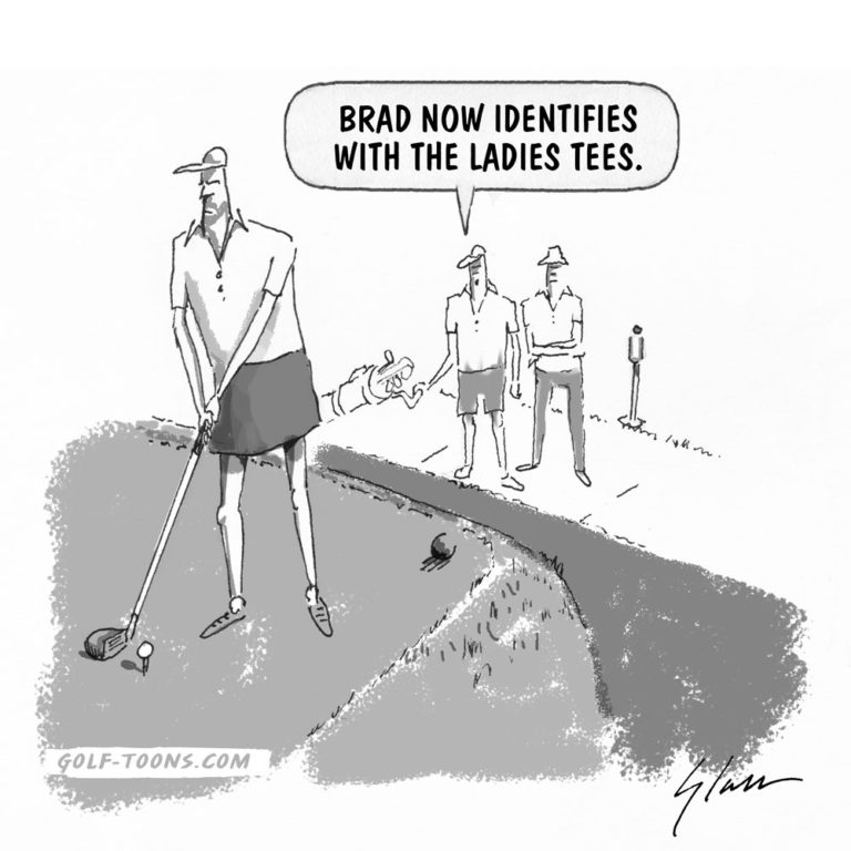 Gender Bender is an original golf cartoon by Marty Glass of Golftoons showing a man wearing a golf skirt and teeing off from the Ladies Tee.