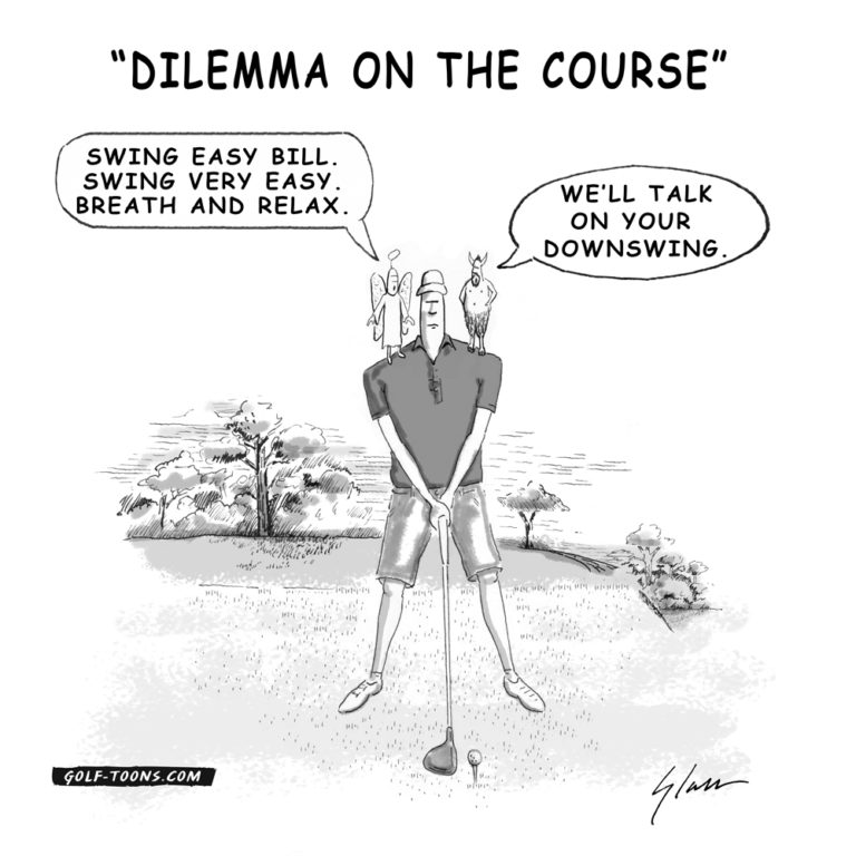 Golf Voices shows a golfer teeing off with multiple thought bubbles telling him what to think about, an original golf cartoon by Marty Glass of GolfToons.