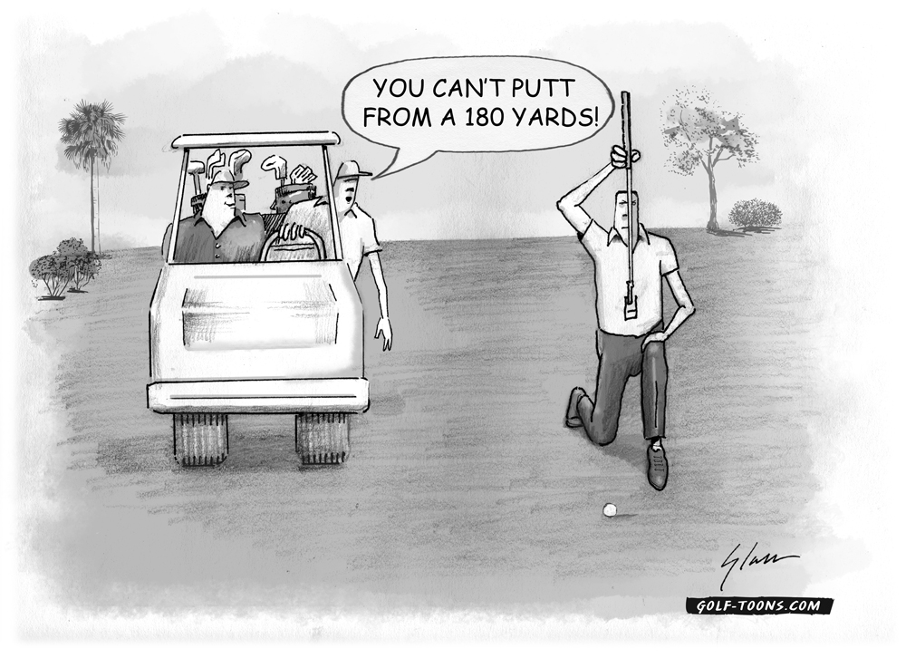 Golfer plumb bobbing from the fairway and partner in golf cart mocking him for being so far away. Original golf cartoon illustration by Marty Glass GolfToons