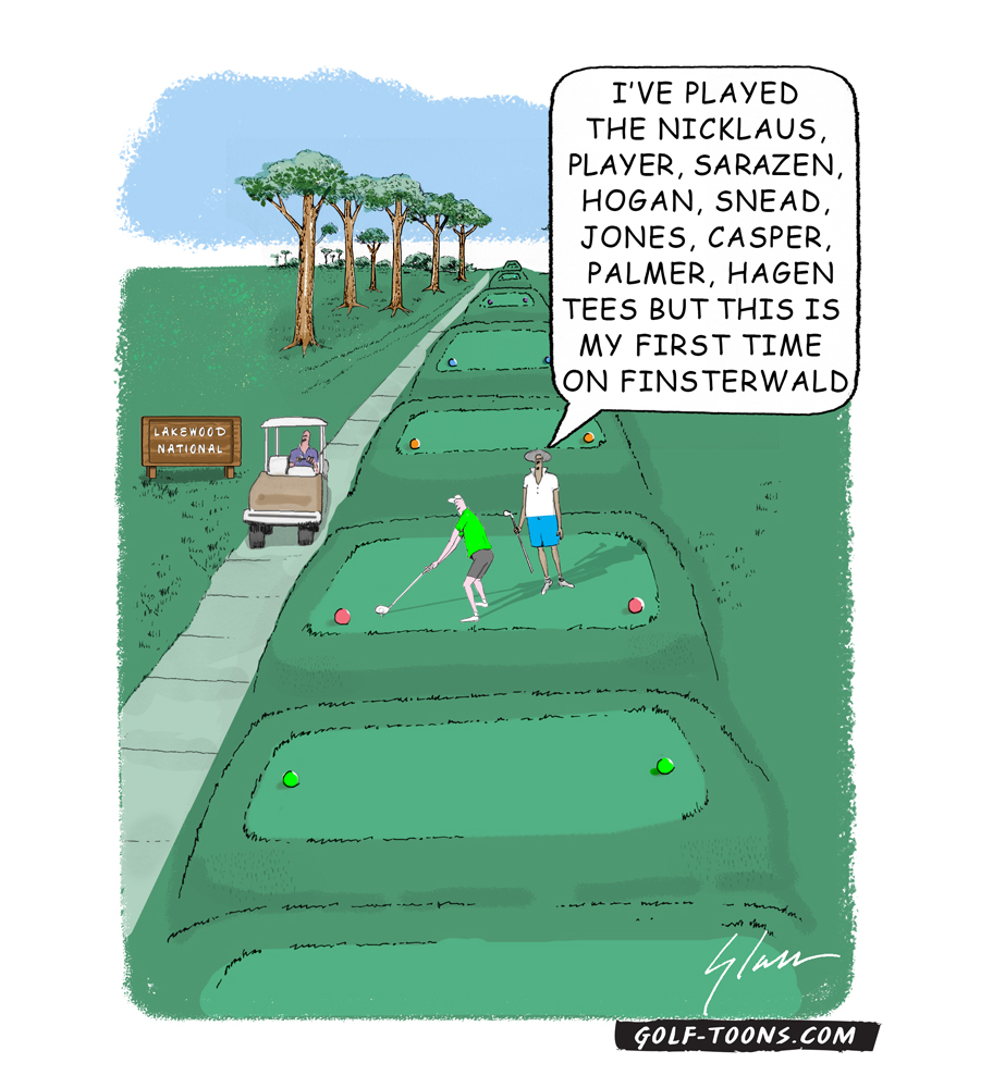 Multi-Tees is an original golf illustration in color by Marty Glass of GolfToons showing multiple tee box options for Golfers to hit from.