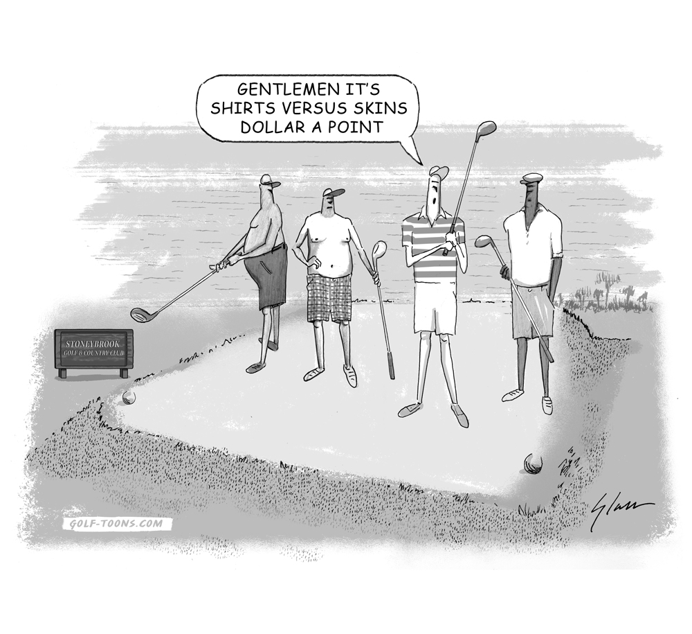 Shirts vs Skins shows 4 golfers on the tee box, 2 wearing golf shirts and 2 without shirts, an original golf illustration by Marty Glass of GolfToons