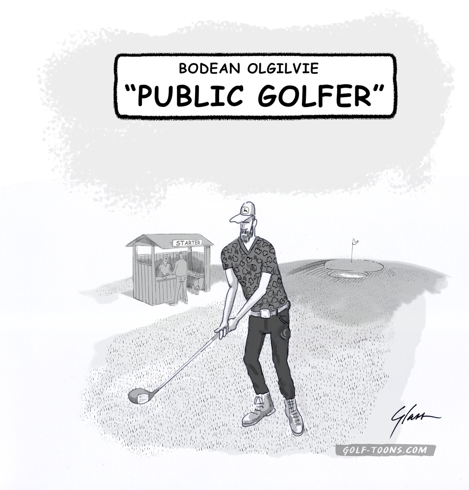 Bodean Ogilvie Public Golfer is introduced in this original golf cartoon by Marty Glass of GolfToons