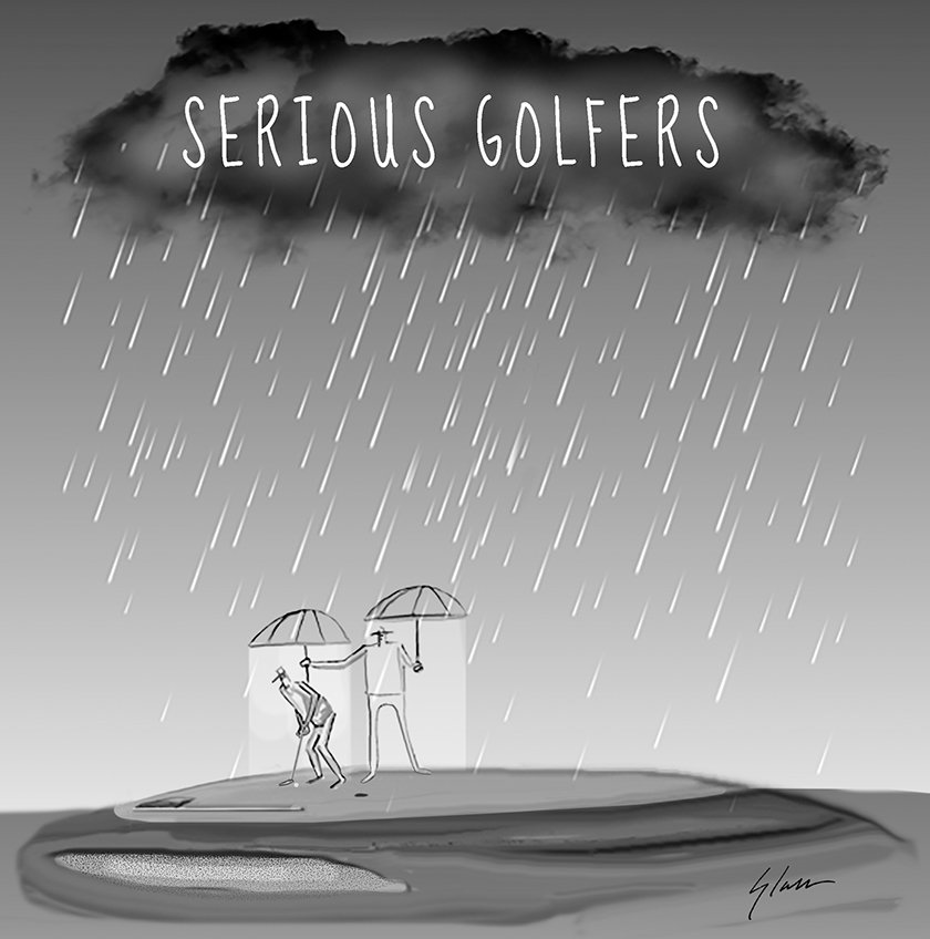 Serious Golfers - GolfToons 6 is an original illustration of 2 golfers on a putting green and under a dark cloud with big rain drops falling with one of the golfers holding an umbrella over the other while he putts. By Marty Glass of GolfToons.