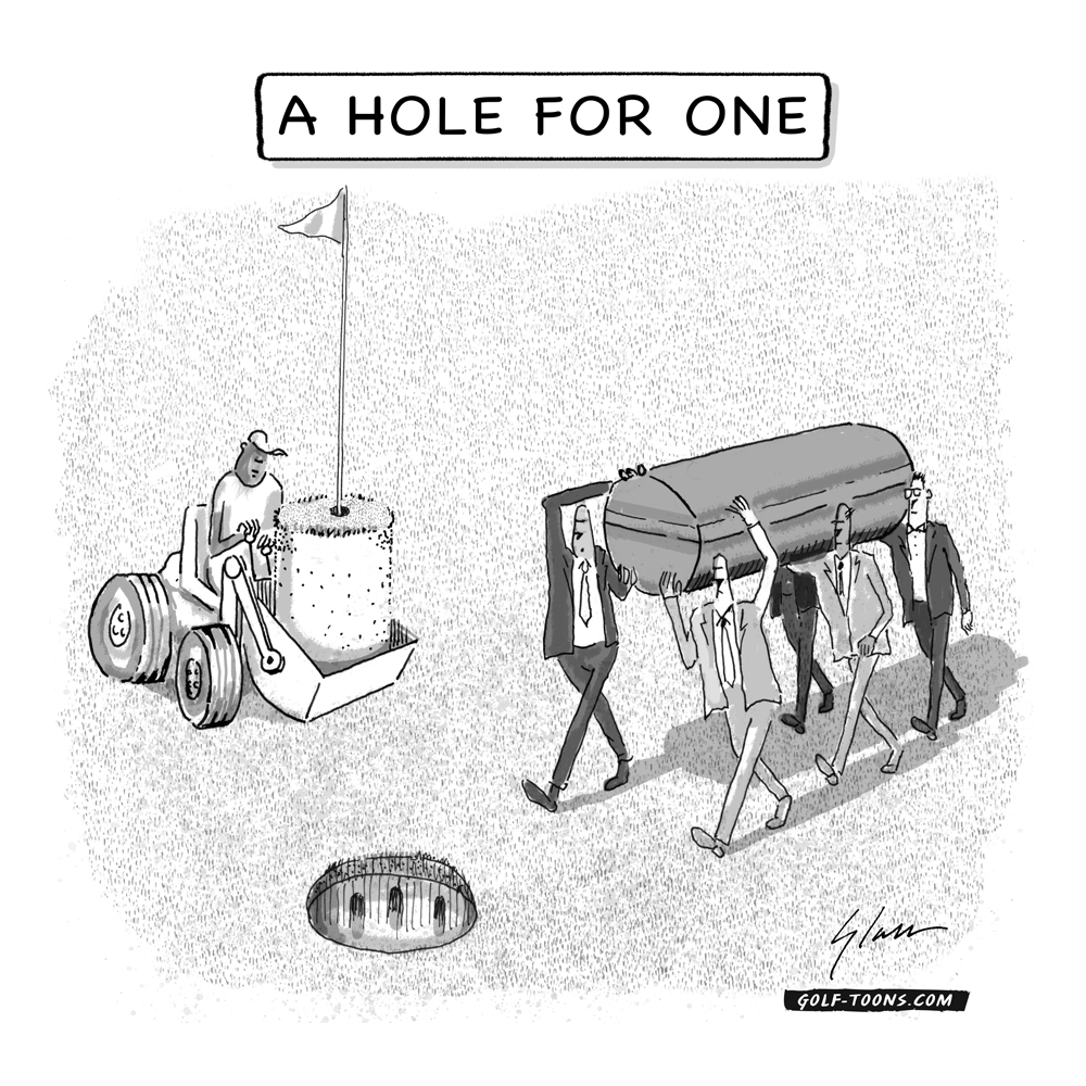 Buried Lie - GolfToons 72 is an original golf cartoon showing a casket carried towards a hole that has been created under a golf hole and pin by Marty Glass