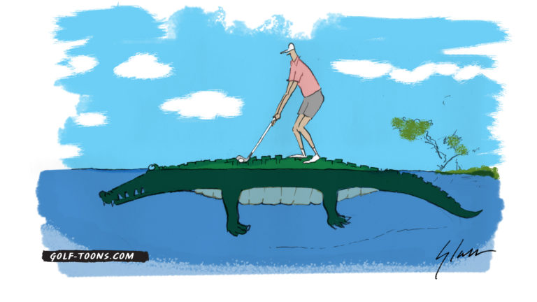 Man hitting ball from alligator's back. An original golf illustration by Marty Glass of GolfToons.