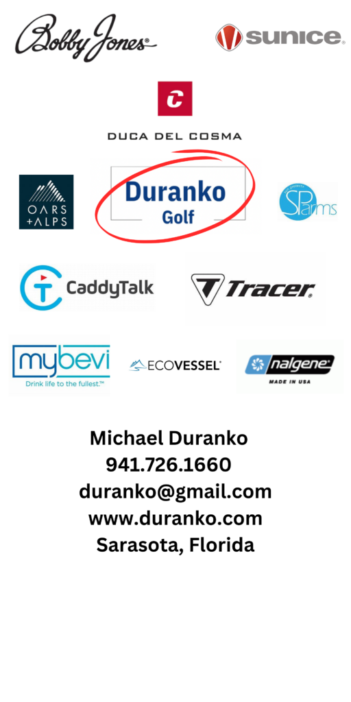 Duranko Golf Home page listing brands represented. Bobby Jones Apparel, Sunice Outerwear, Oars + Alps Skincare, SParms Sun Sleeves, Caddy Talk Cube, Tracer Golf Accessories, Nnalgene