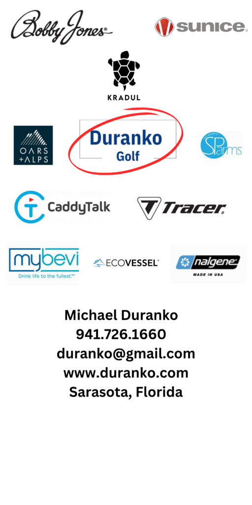 Duranko Golf Home page listing brands represented. Bobby Jones Apparel, Sunice Outerwear, Oars + Alps Skincare, SParms Sun Sleeves, Caddy Talk Cube, Tracer Golf Accessories, Nalgene, Kradul