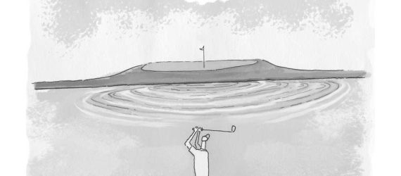 A golfer holding his pose on the tee box as his ball ends up short of the green and the ripples can be seen in the pond in from of the green. An original Golf cartoon by Marty Glass of GolfToons