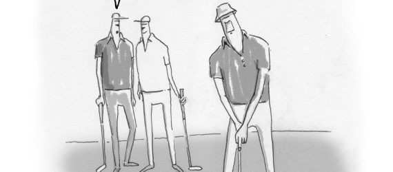 A golfer putting while making a vulgar statement with his unique golf grip, the bird grip, an original golf cartoon by Marty Glass of GolfToons.