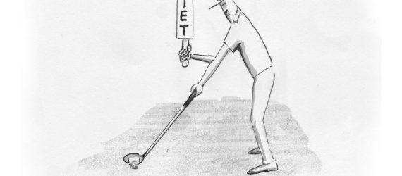 A golfer on the tee box holding a 'Quiet Please' sign while he addresses the golf ball, an original golf cartoon by Marty Glass of GolfToons.