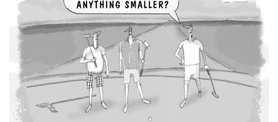 Anything Smaller shows golfers on the putting green with someone marking their golf ball with huge disk, looks like a manhole cover, an original golf cartoon by Marty Glass of GolfToons.