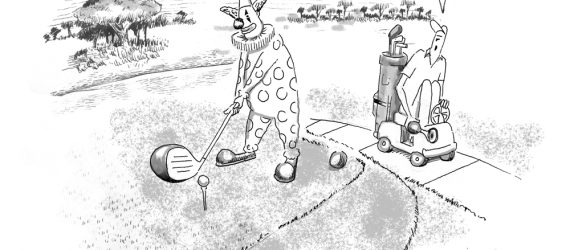 Clowns on the Course shows a clown teeing off and his golf buddy in a tiny golf cart, an original golf cartoon by Marty Glass of GolfToons.