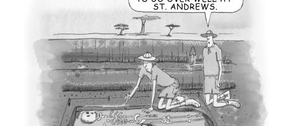 Two archeologists in Africa find a skeleton with a golf club, challenging Scotland as the Cradle of Golf, an original golf cartoon by Marty Glass of GolfToons