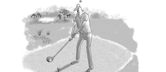 Midlife Golf Crisis shows a golfer on the tee box with the thought bubble pressuring him to break 80 before reaching 40, an original golf cartoon by Marty Glass of GolfToons.