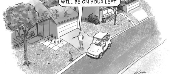 Lost Between Holes shows a golf cart stops in front of a house to ask directions to the next hole, an original golf cartoon by Marty Glass of GolfToons