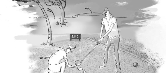 Hurricane Golf shows a golfer teeing off in a strong wind with his golf buddy holding the ball also known as Cat 4 Golf an original golf cartoon by Marty Glass of GolfToons