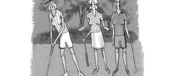 High Heel Golf shows three women golfers on the putting green with the comment bubble asking where the golf shoes were bought, an original golf cartoon by Marty Glass of GolfToons