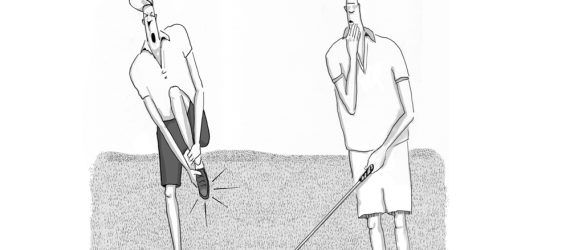 A golfer hoppiong on one foot and holding the other foot, while his golf buddy holds a driver. Off the Toe is an original golf illustration by Marty Glass of GolfToons