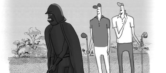 A golfer resembling Darth Vader on the tee box with his golf buddies commenting that they call him Darth Fader, an original golf cartoon by Marty Glass