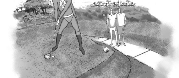 Caped and masked golfer on the tee box with two golf buddies commenting that crime has increased since the Masters, Golfing Super Hero is an original golf cartoon by Marty Glass