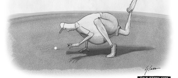 An original golf illustrated cartoon showing a man with a big belly looking at a golf ball on a putting green lining up his putt like Camilio Villegas style by Marty Glass of GolfToons