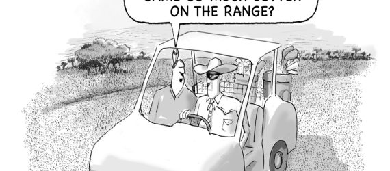 Lone Ranger and Tonto in Golf cart with Tonto asking the Lone Ranger about the Driving Range, an original golf cartoon by Marty Glass of GolfToons.