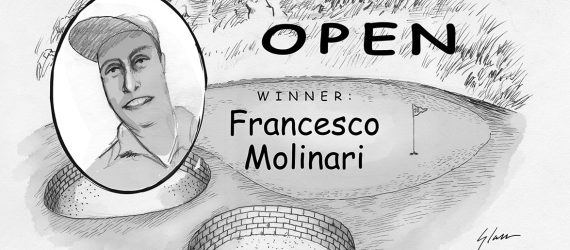 Francesco Molinari British Open declares the Champion Golfer of the Year with an original golf illustration by Marty Glass of GolfToons.