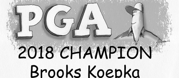 Brooks Koepka PGA Championship wins at Bellerive Country Club an original golf illustration by Marty Glass of GolfToons.