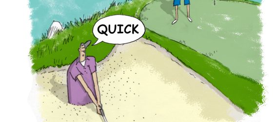 Quick Sand? They call sand traps hazards for good reason. They can be deep, barren, or filled with too much sand. Quick Sand golf cartoon.