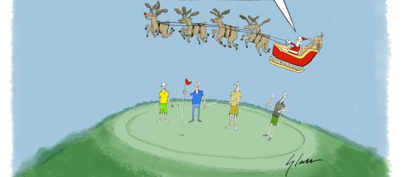 Santa on a sleigh over golfers on a putting green