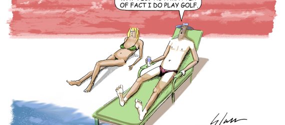 Man and a woman on lounge chairs. The man has tan lines from golfing, and he answeres the woman by saying, yes, I do play golf.